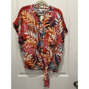 Studio Woman Top 2X Crochet On Shoulder Colorful Tie Waist Button Up NWT